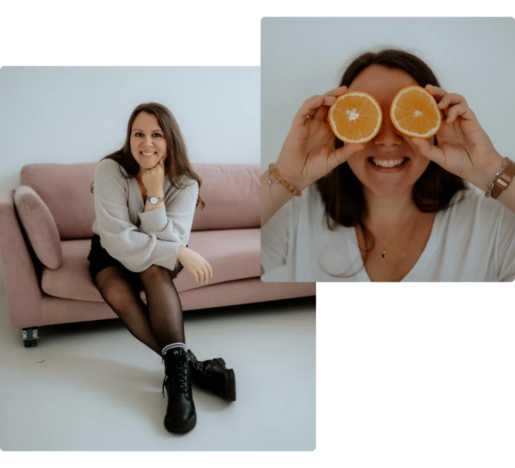 Johanna smiling warmly on pink sofa, embodying the radiant health and ease she helps clients achieve.